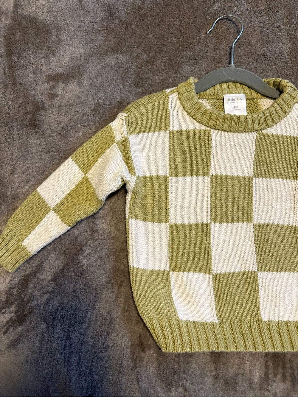 Oversized Little Co Olive and Cream Checkered Knit Sweater - 18M - Picture 2 of 5